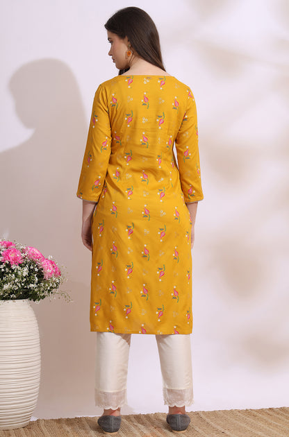 Deep Yellow Floral Printed Rayon Straight Kurta with Embroidered Neck