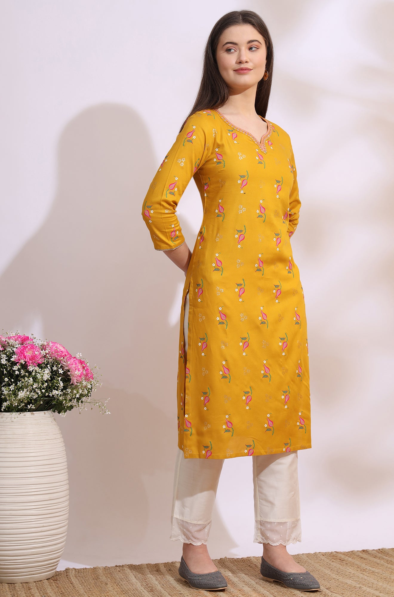 Deep Yellow Floral Printed Rayon Straight Kurta with Embroidered Neck
