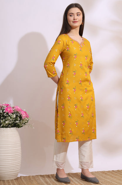 Deep Yellow Floral Printed Rayon Straight Kurta with Embroidered Neck