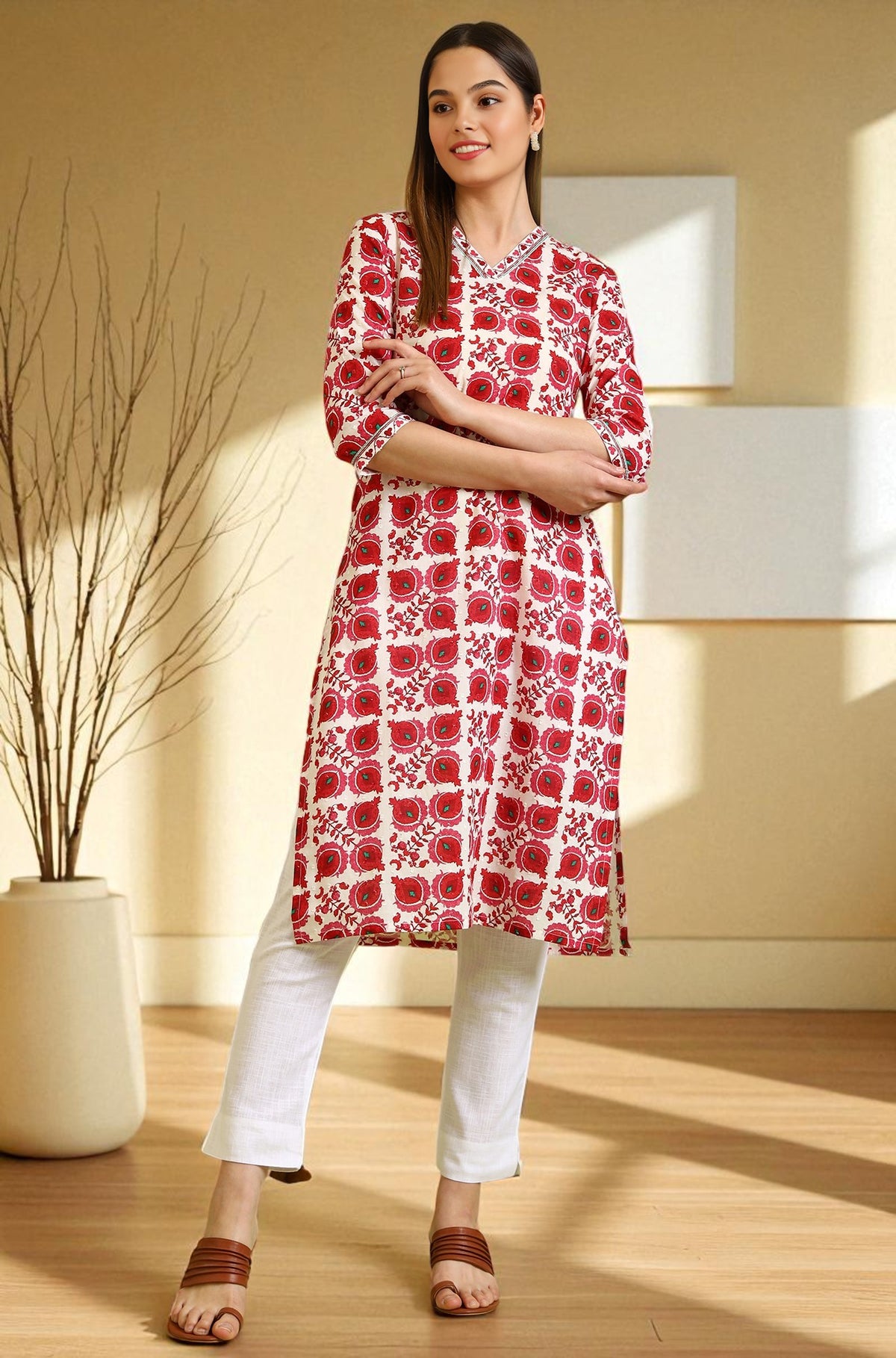 Floral Printed  Straight Pure Cotton Kurta with Border Patch - XS