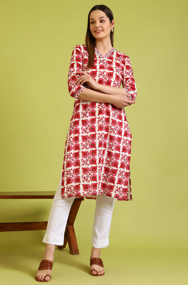 Floral Printed  Straight Pure Cotton Kurta with Border Patch