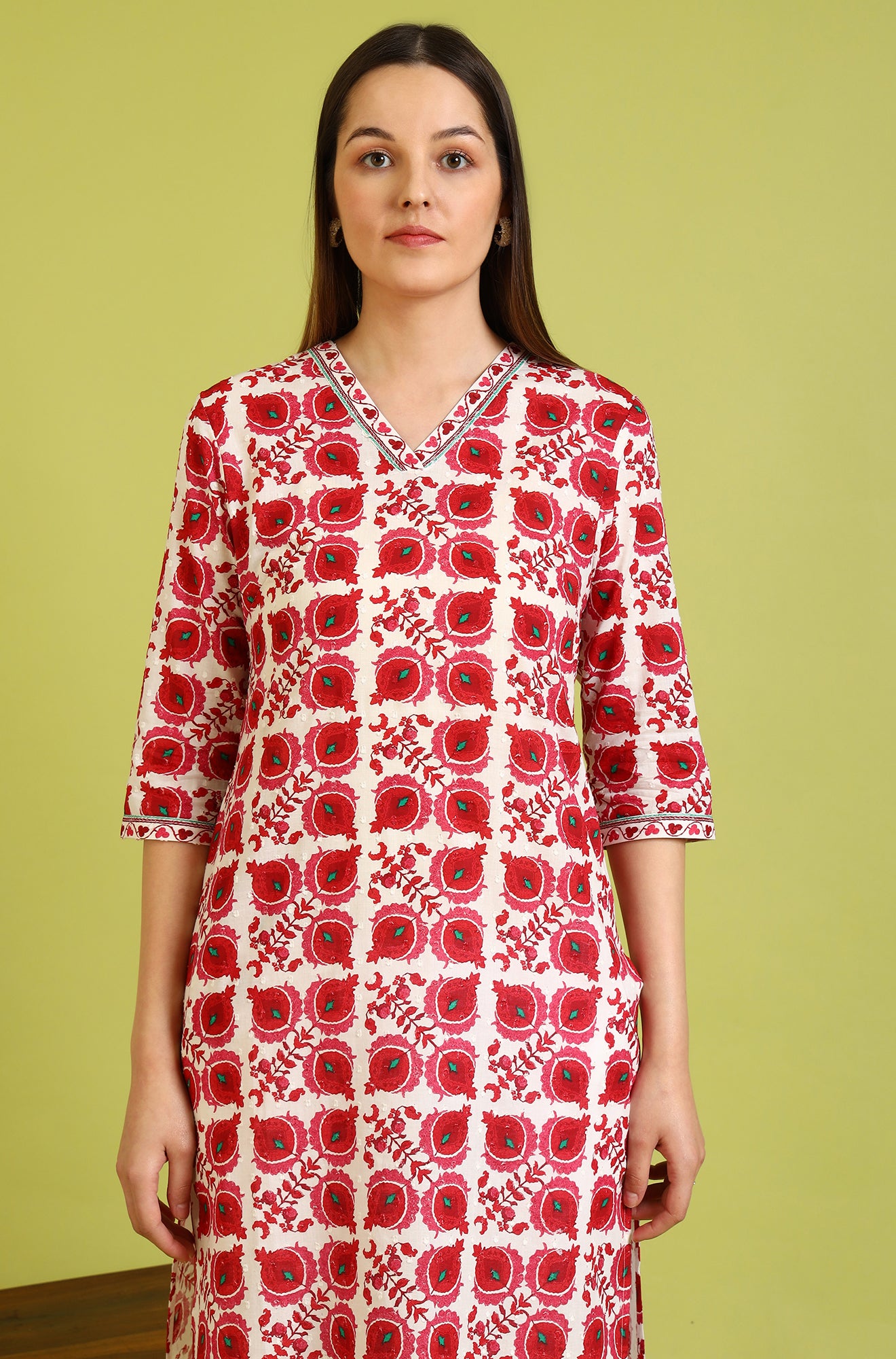 Floral Printed  Straight Pure Cotton Kurta with Border Patch
