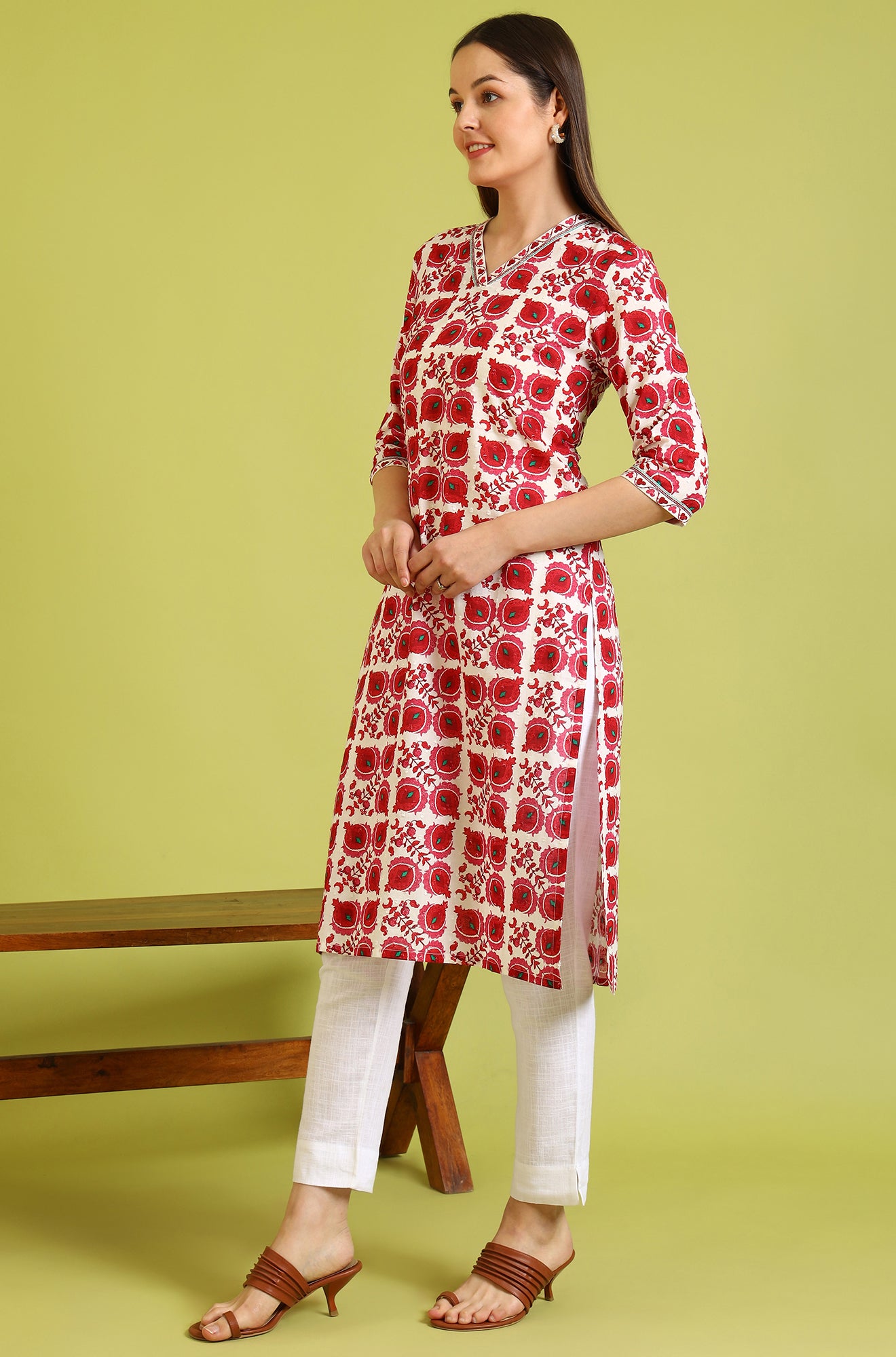 Floral Printed  Straight Pure Cotton Kurta with Border Patch