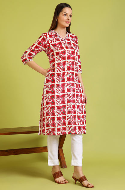 Floral Printed  Straight Pure Cotton Kurta with Border Patch