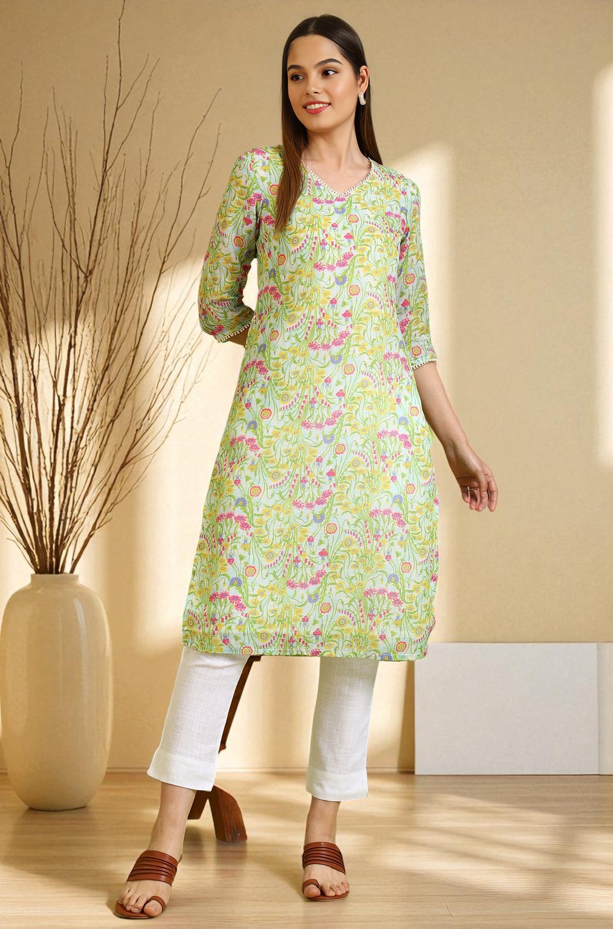 Floral Printed Lace Straight Pure Cotton Kurta - XS