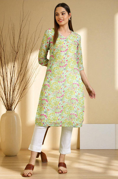 Floral Printed Lace Straight Pure Cotton Kurta