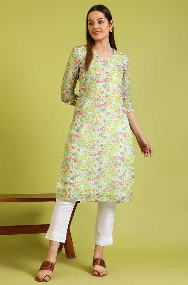 Floral Printed Lace Straight Pure Cotton Kurta