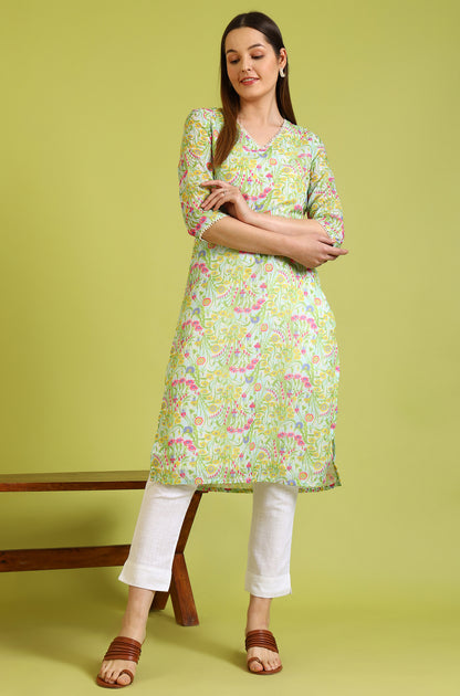 Floral Printed Lace Straight Pure Cotton Kurta
