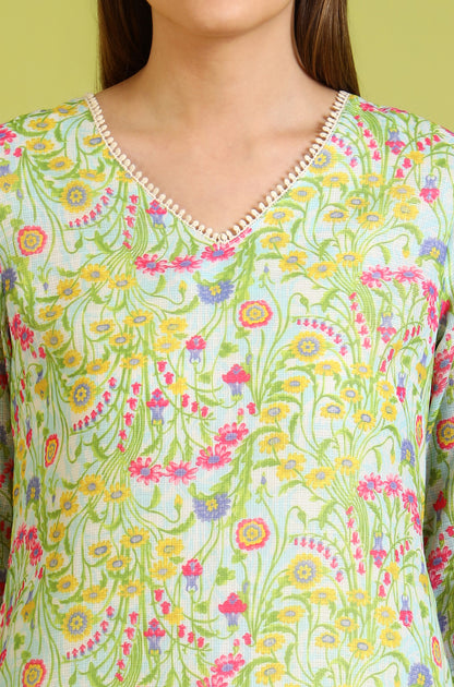 Floral Printed Lace Straight Pure Cotton Kurta