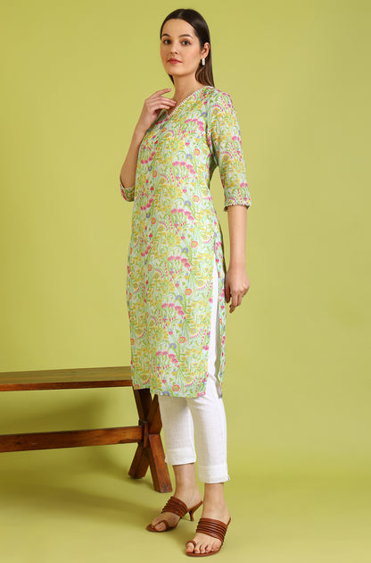 Floral Printed Lace Straight Pure Cotton Kurta