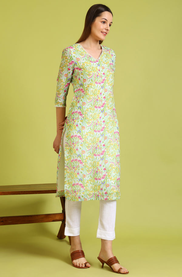 Floral Printed Lace Straight Pure Cotton Kurta