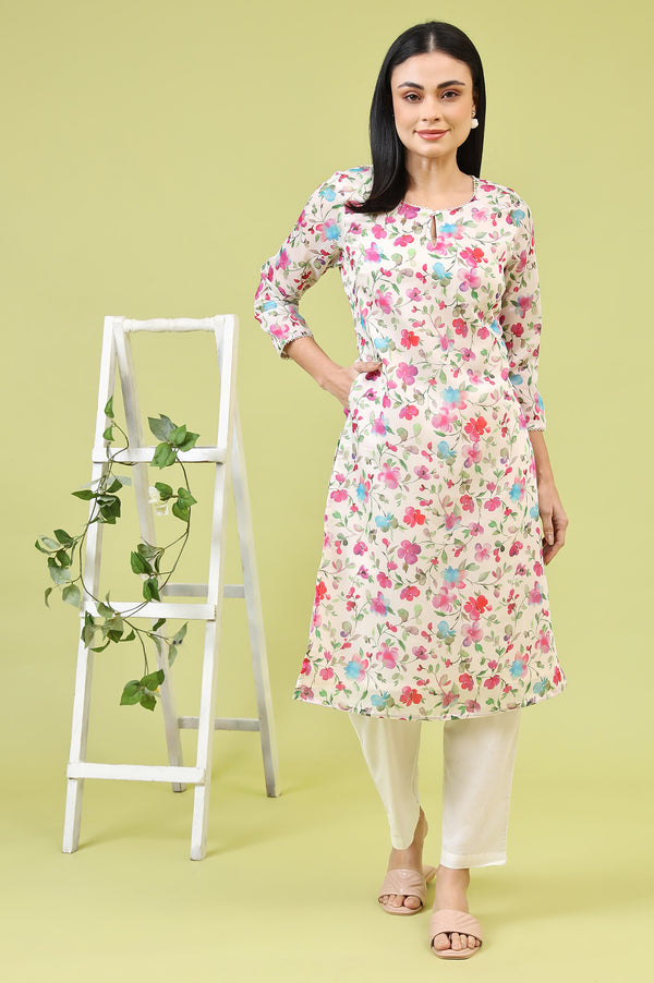 Off-White Straight Kurta in Multi-coloured Floral Print