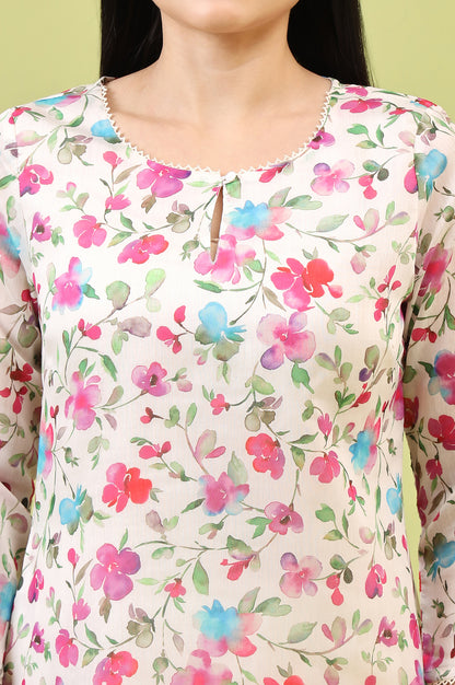 Off-White Straight Kurta in Multi-coloured Floral Print