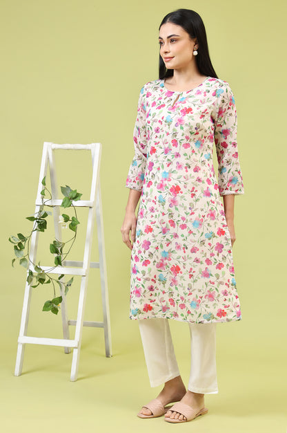 Off-White Straight Kurta in Multi-coloured Floral Print