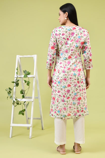 Off-White Straight Kurta in Multi-coloured Floral Print