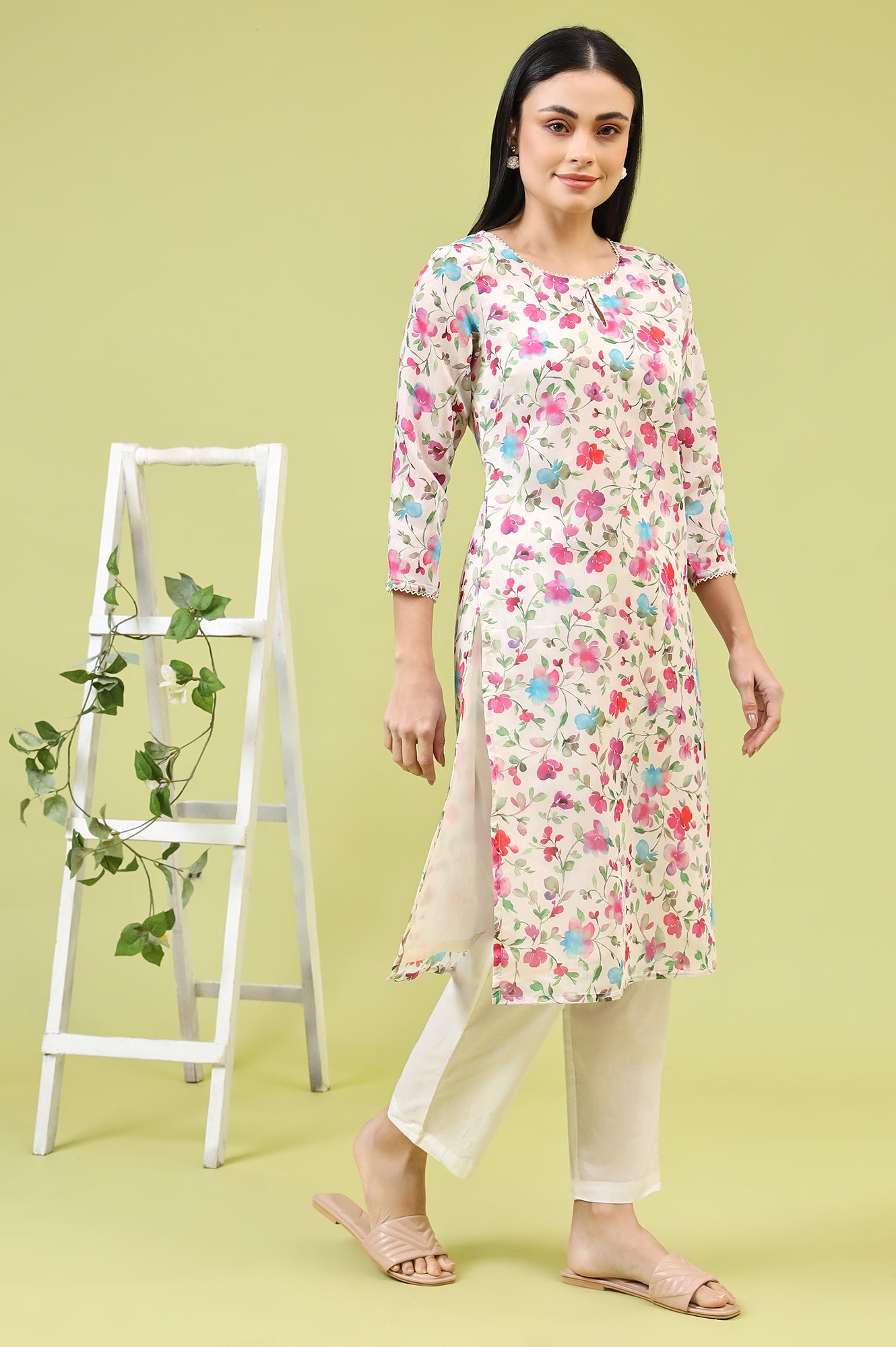 Off-White Straight Kurta in Multi-coloured Floral Print