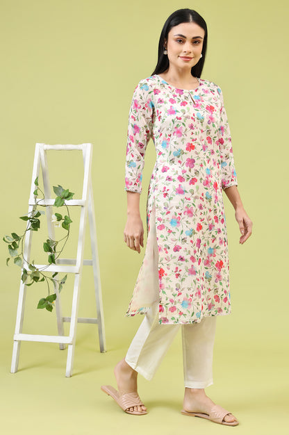 Off-White Straight Kurta in Multi-coloured Floral Print