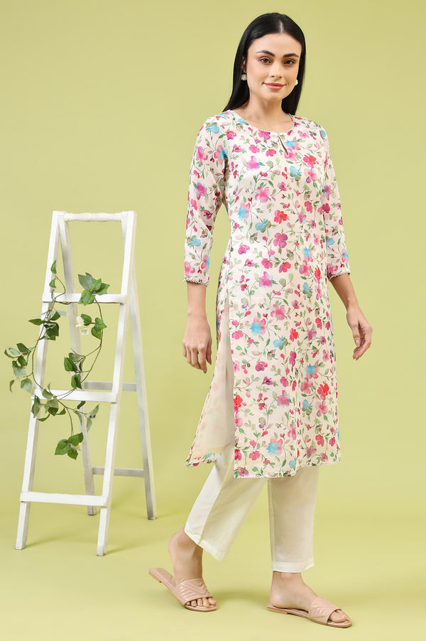 Off-White Straight Kurta in Multi-coloured Floral Print