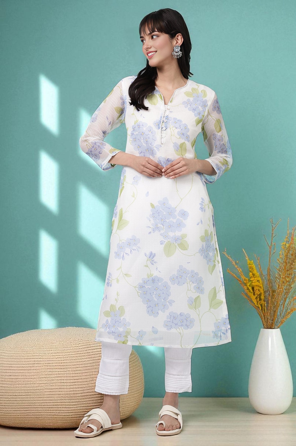 White Floral Printed Kota Straight Kurta - XS