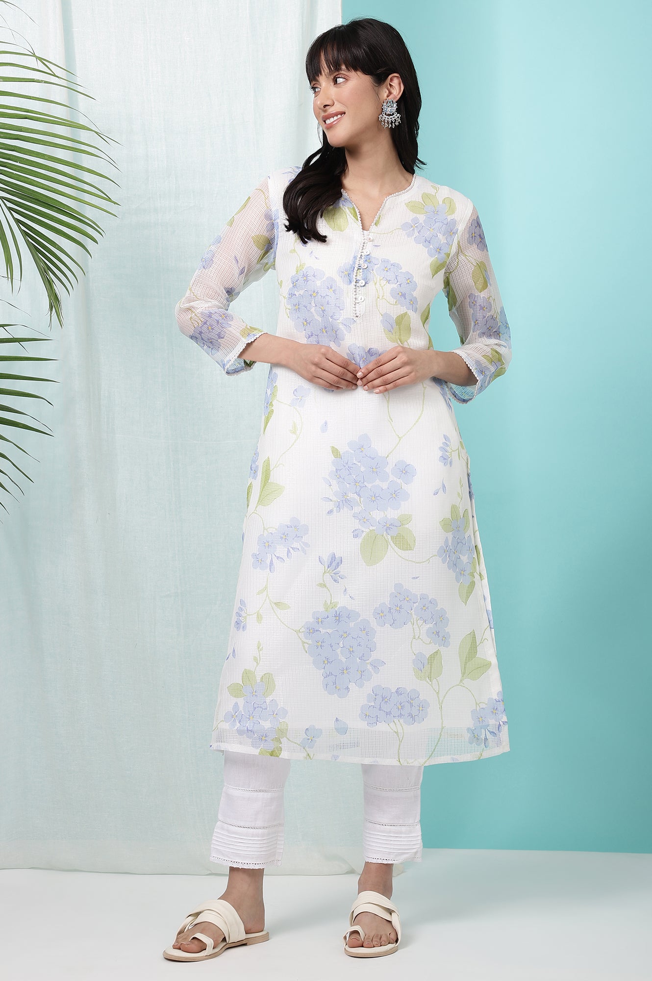 White Floral Printed Kota Straight Kurta