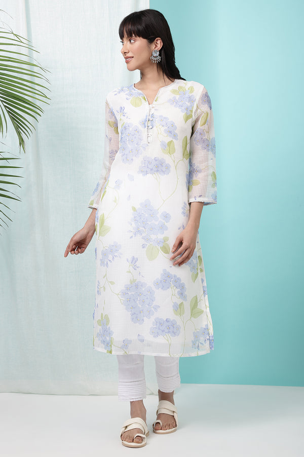 White Floral Printed Kota Straight Kurta
