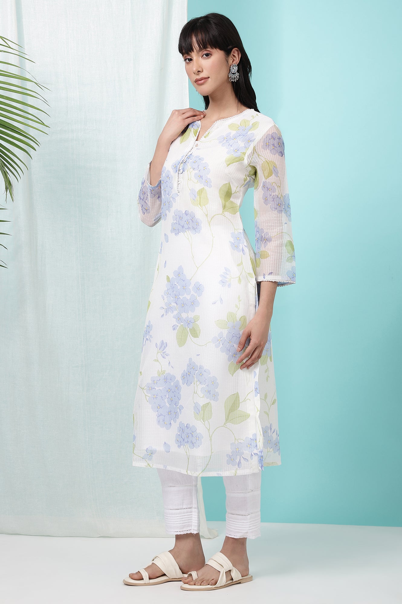 White Floral Printed Kota Straight Kurta