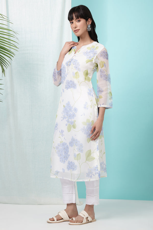 White Floral Printed Kota Straight Kurta