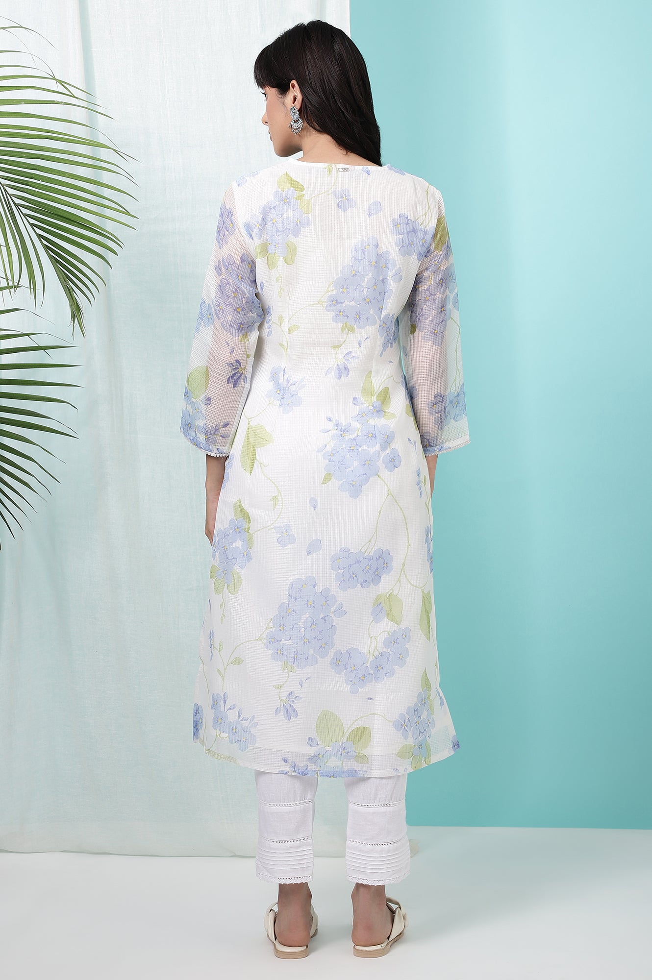 White Floral Printed Kota Straight Kurta