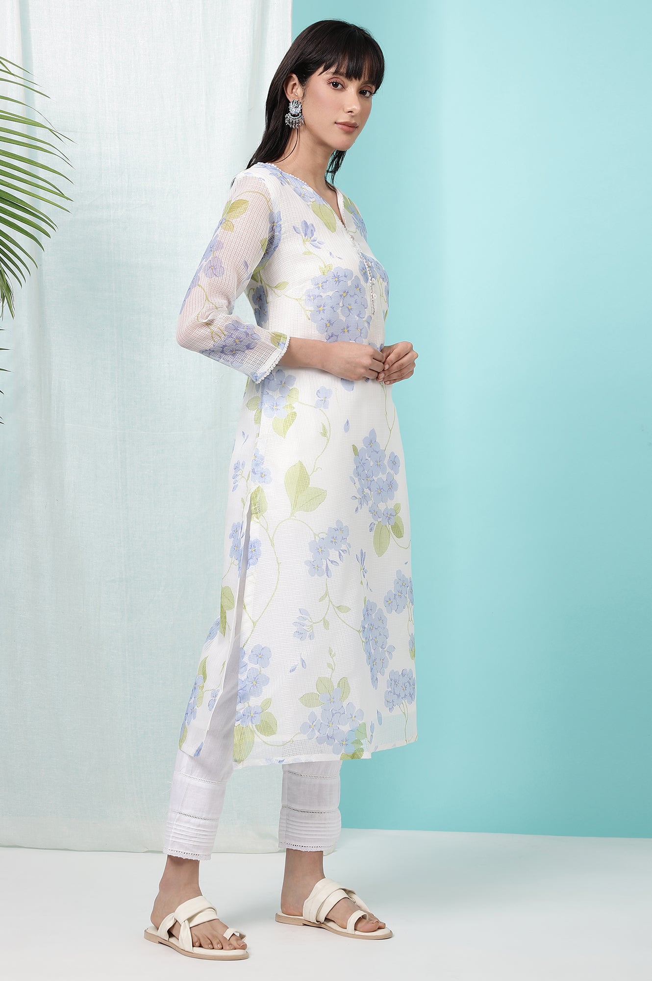 White Floral Printed Kota Straight Kurta