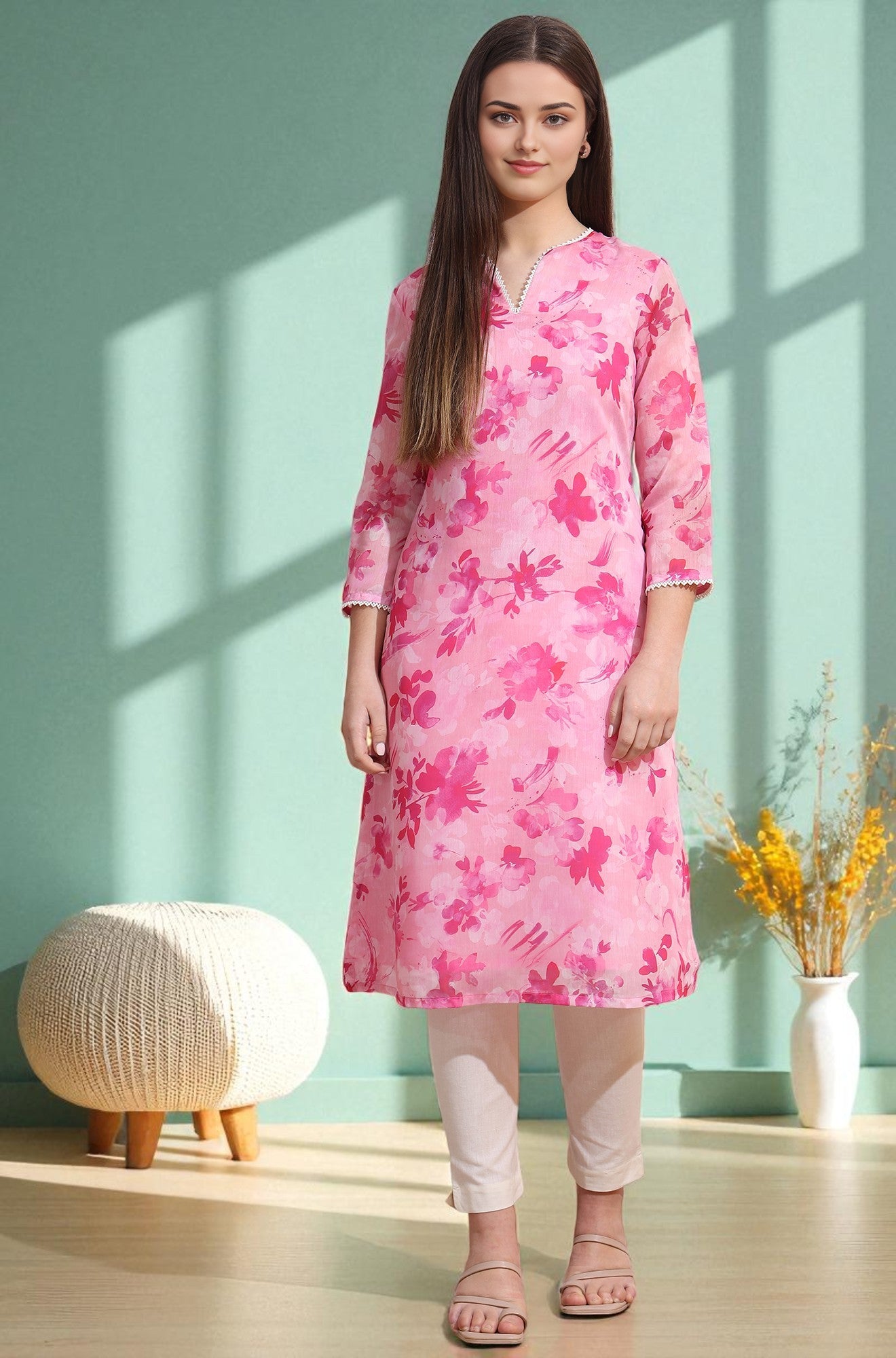 Pink Bold Floral Printed Pure Cotton Straight Kurta with Lace