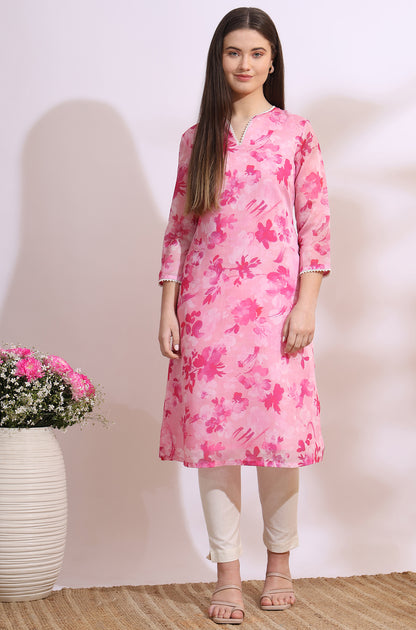 Pink Bold Floral Printed Pure Cotton Straight Kurta with Lace