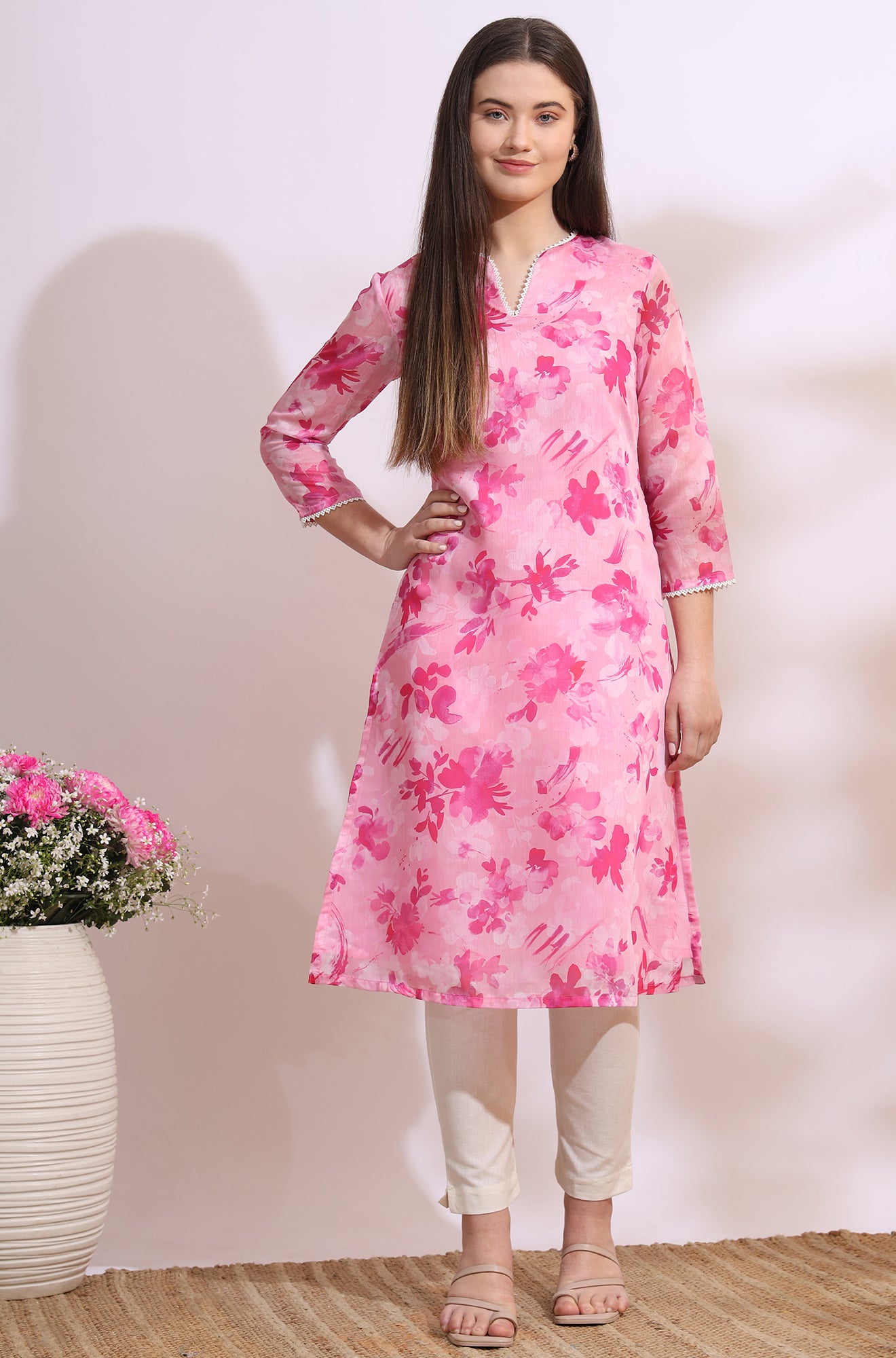 Pink Bold Floral Printed Pure Cotton Straight Kurta with Lace