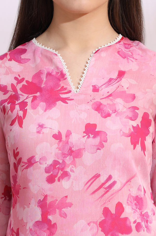 Pink Bold Floral Printed Pure Cotton Straight Kurta with Lace