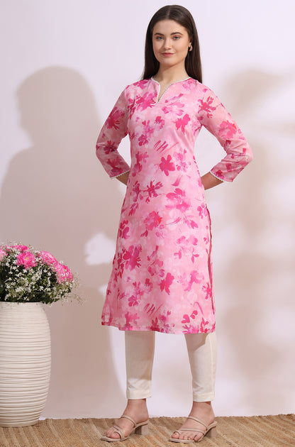 Pink Bold Floral Printed Pure Cotton Straight Kurta with Lace
