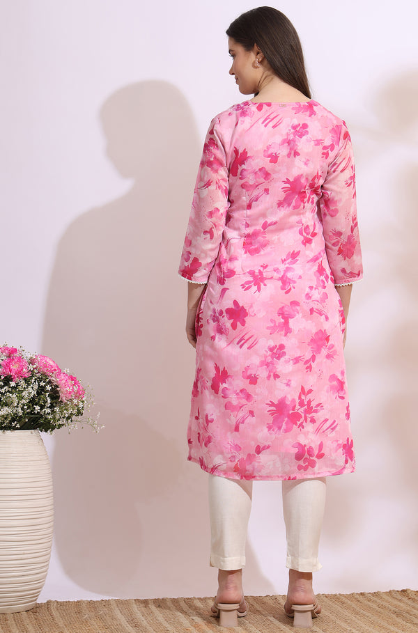 Pink Bold Floral Printed Pure Cotton Straight Kurta with Lace