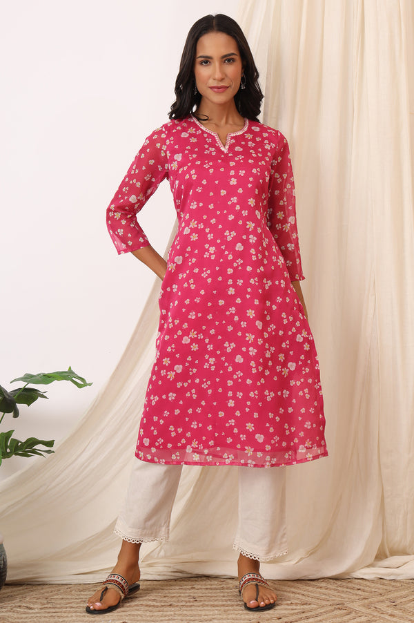 Pink Floral Printed Organza Straight Kurta