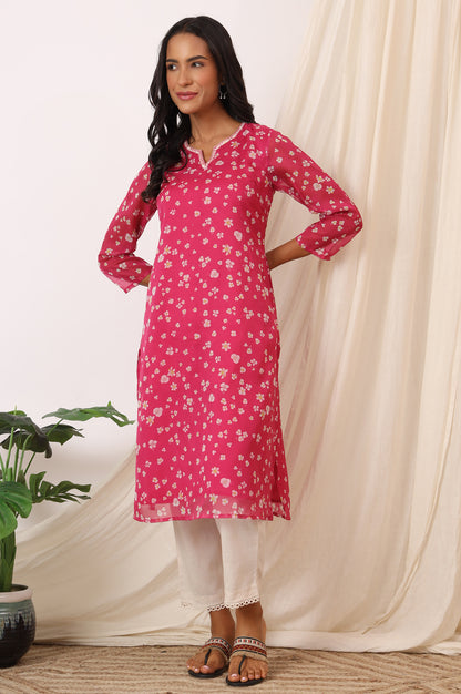 Pink Floral Printed Organza Straight Kurta