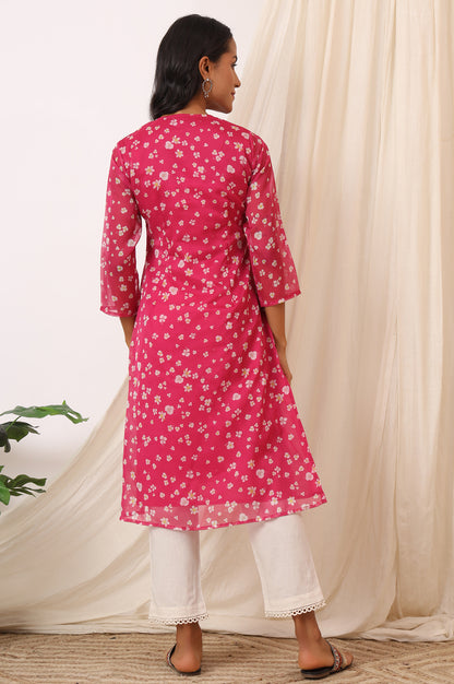 Pink Floral Printed Organza Straight Kurta