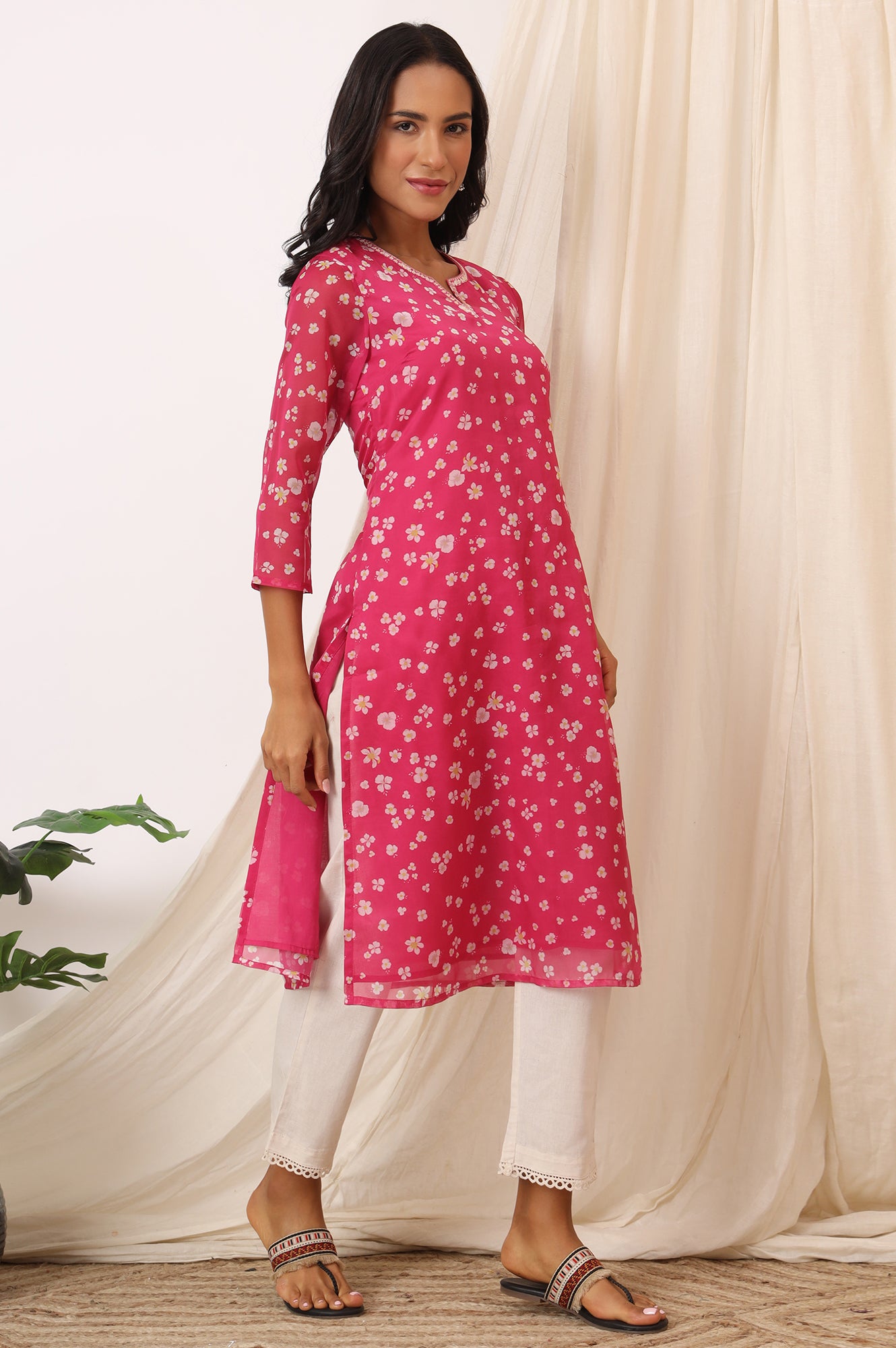 Pink Floral Printed Organza Straight Kurta