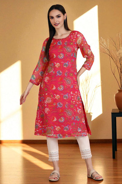 Pink Floral Printed Chiffon Straight Kurta