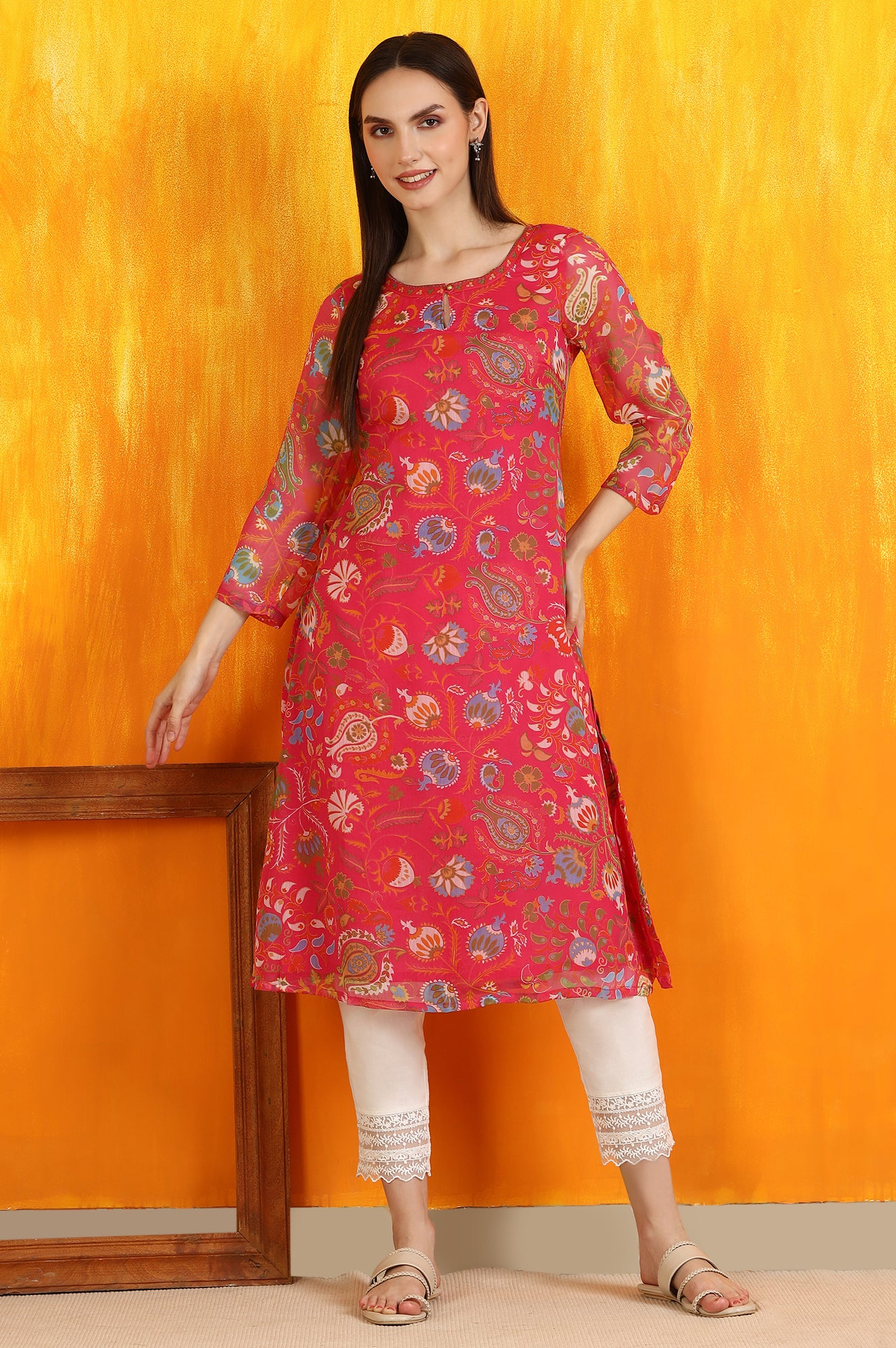 Pink Floral Printed Chiffon Straight Kurta