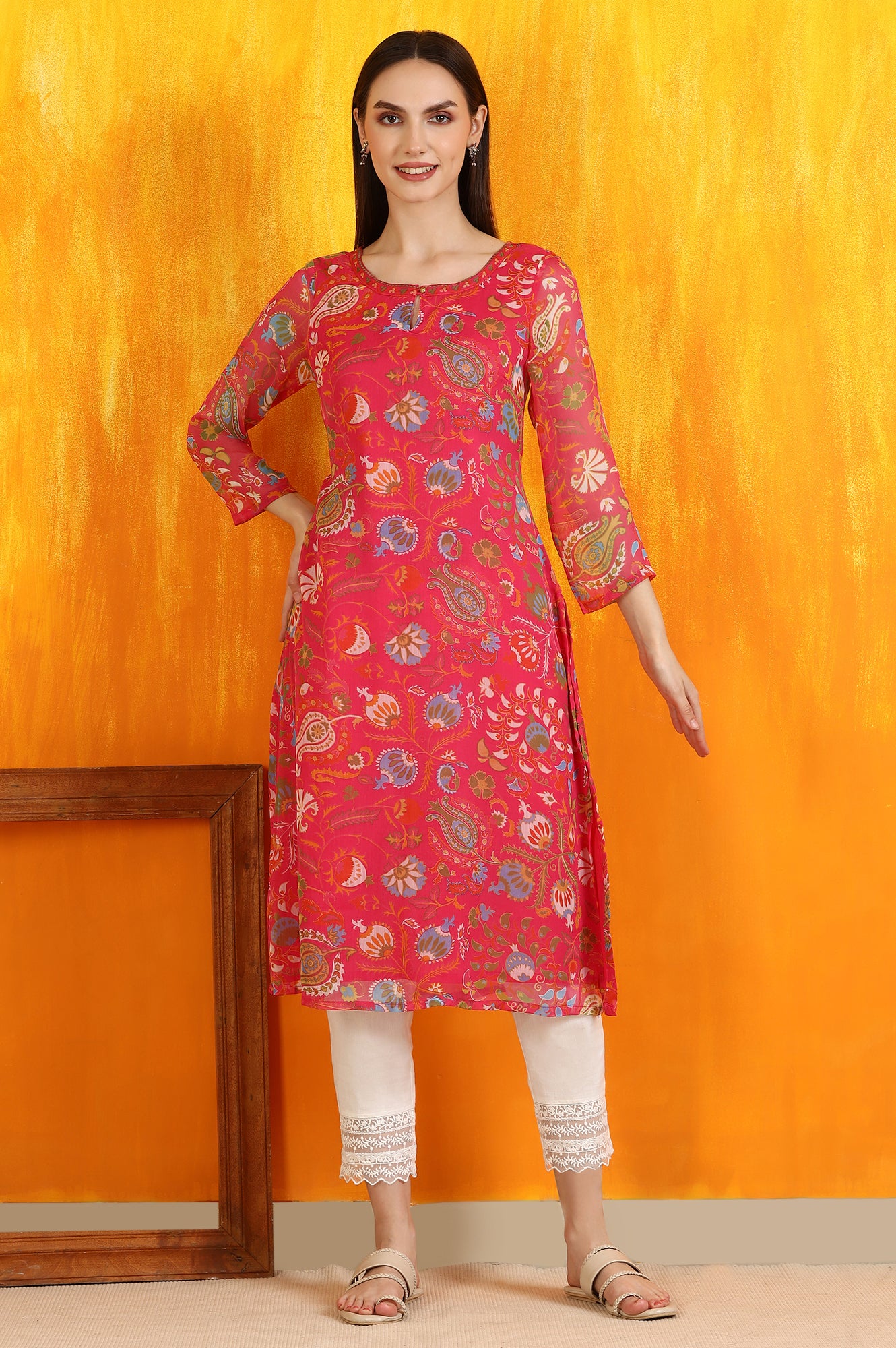 Pink Floral Printed Chiffon Straight Kurta