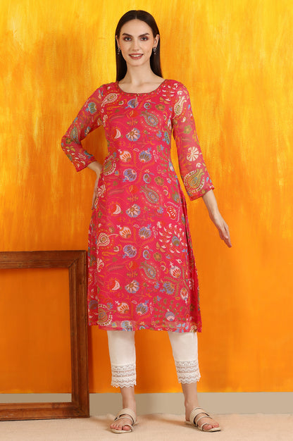 Pink Floral Printed Chiffon Straight Kurta