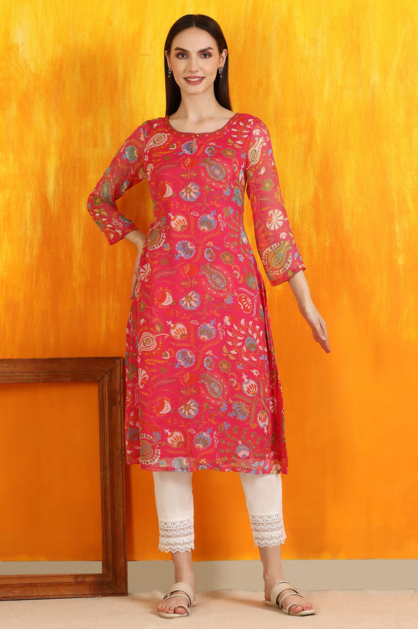 Pink Floral Printed Chiffon Straight Kurta