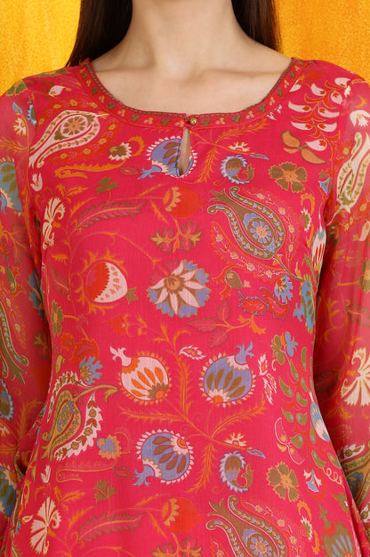 Pink Floral Printed Chiffon Straight Kurta
