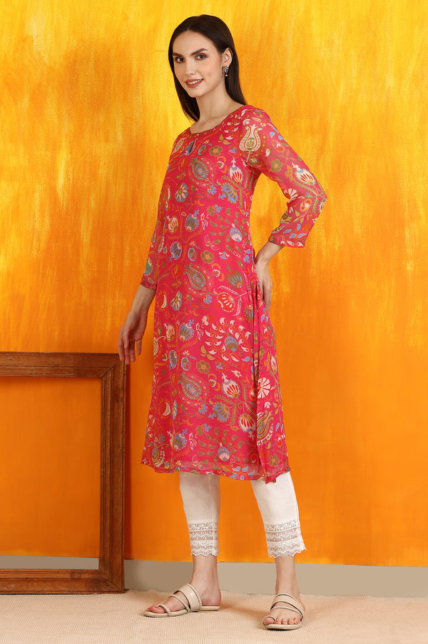 Pink Floral Printed Chiffon Straight Kurta