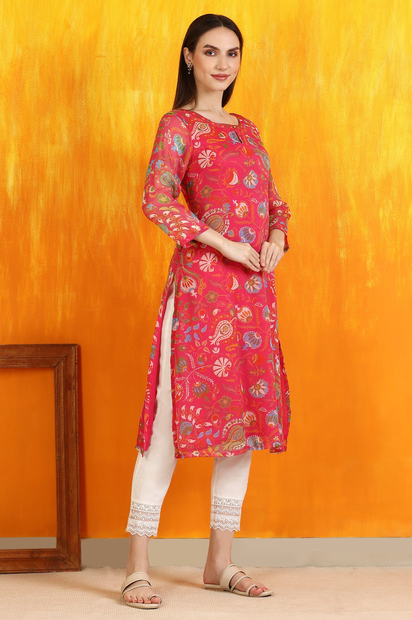 Pink Floral Printed Chiffon Straight Kurta