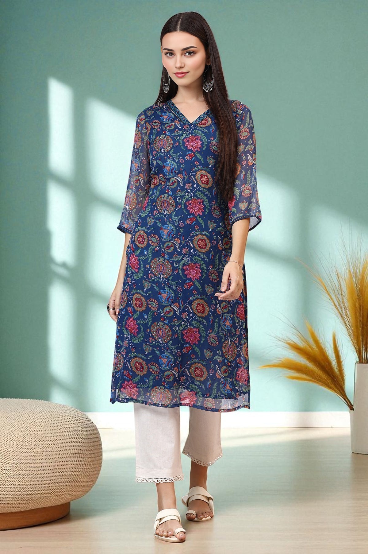 Blue Floral Printed Chiffon Straight Kurta - XS