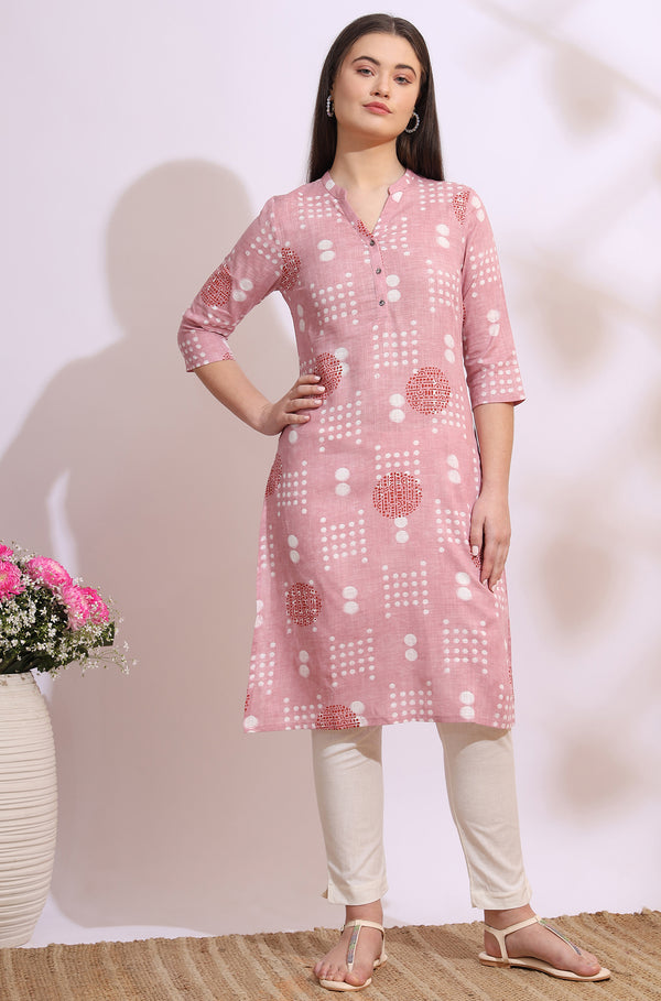 Pink Bold Geometric Printed Pure Cotton Straight Kurta