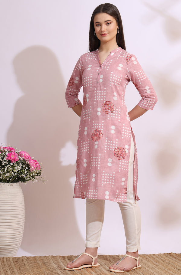 Pink Bold Geometric Printed Pure Cotton Straight Kurta